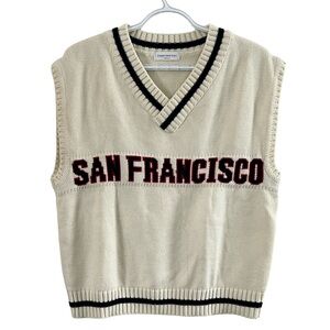 San Francisco Oversized Knit Sweater Vest Beige Black V-Neck Preppy Size M